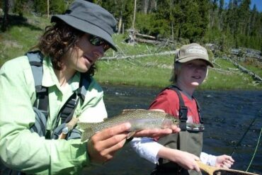 Father and son fishing using fishing hat and a cap